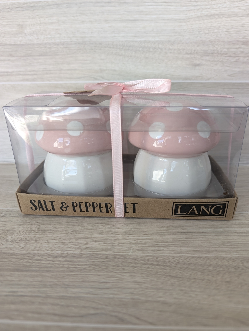 Lang Mushroom Salt & Pepper Shakers Set Pink White Ceramic